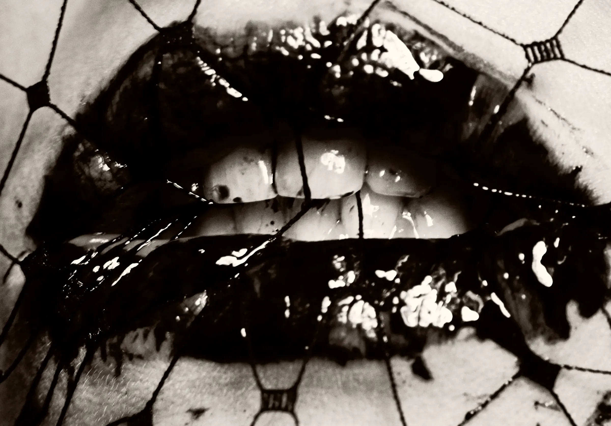Close-up of parted lips in glossy black lipstick, pressed against a black net